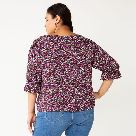 Draper James Plus Size 3X Multi Color Floral Puff Sleeve Boho Fairy Blouse Top - Picture 3 of 12